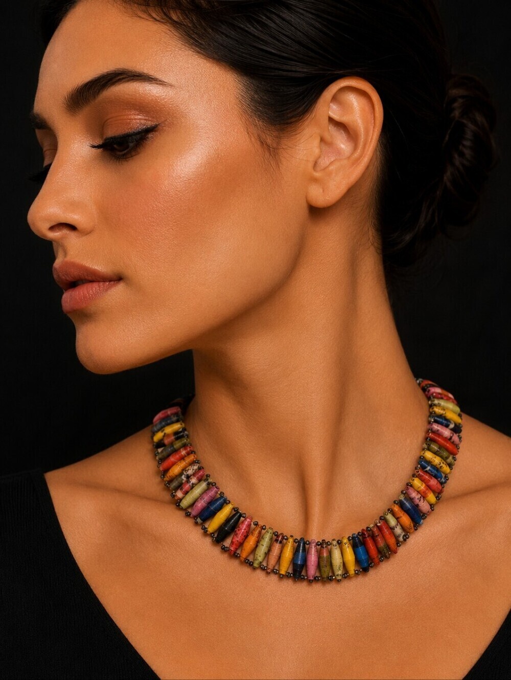 African Rainbow Recycled Paper Bead Tribal Unisex Festival Collar Necklace